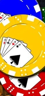 Bright yellow poker chip with cards on mobile wallpaper.