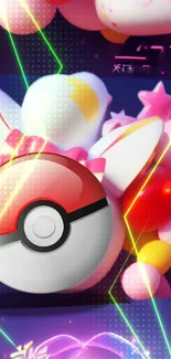 3D Poké Ball with balloons and lasers in vibrant digital design.