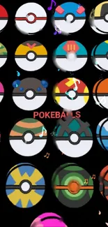 Colorful Pokéball designs on a dark wallpaper.