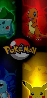 Pokémon characters vibrant wallpaper with Pikachu, Charmander, Bulbasaur, Squirtle.