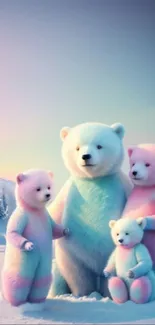 Colorful polar bear family with pastel hues in a snowy landscape.