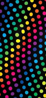 Colorful polka dots on a black background wallpaper.