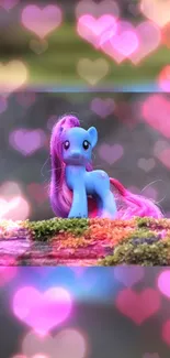 Cute blue pony with pink hair and hearts background.