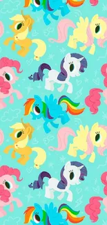 Colorful cartoon pony pattern on a mobile wallpaper in vibrant shades.