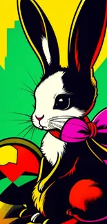 Colorful pop art bunny with geometric patterns and vibrant colors.