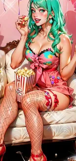 Anime character with green hair eating popcorn on a retro chair.