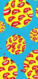 Colorful pop art wallpaper with red lips on a blue and yellow background.