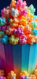 Colorful rainbow popcorn overflowing from a vibrant cup.
