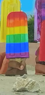 Hands holding colorful popsicles against a sky blue background.