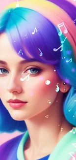 Colorful digital portrait wallpaper with vibrant pastel hues and rainbow hair.