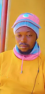 Vibrant portrait with colorful hat and scarf on a winter day.