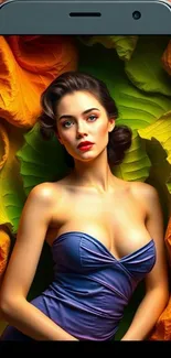 A vibrant portrait on mobile phone against abstract background.