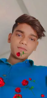 Portrait with vibrant red roses and blue shirt on a mobile wallpaper.