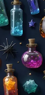 Colorful potion bottles on a dark blue background.