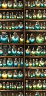 Shelf filled with colorful potion bottles.