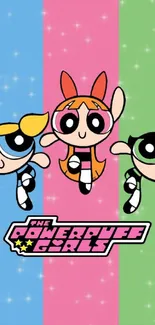 Powerpuff Girls with colorful background and logo.