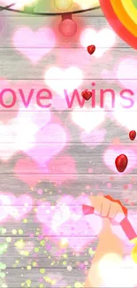 Colorful pride wallpaper with 'love wins' and string lights.