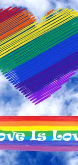 Vibrant rainbow heart wallpaper with 'Love is Love' message over a cloudy sky.