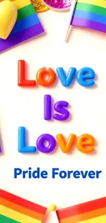Vibrant pride wallpaper with rainbow flags and 'Love Is Love'.