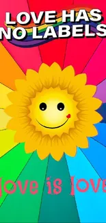 Rainbow wallpaper with sunflower and positive messages.