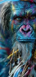 Vibrant primate art with colorful feathers.