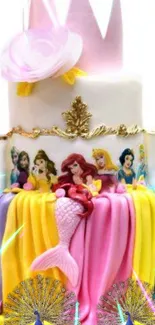 Princess-themed cake with colorful ribbons and mermaid figure.