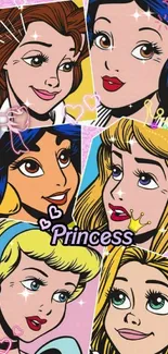 Colorful collage of classic princesses in a vibrant mobile wallpaper.