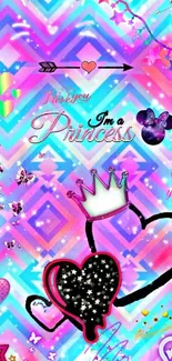 Vibrant princess-themed wallpaper with hearts and whimsical patterns for mobile phones.