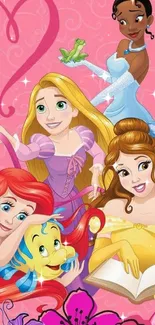 Colorful cartoon princesses on pink background.