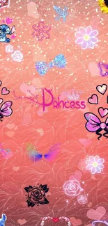 Colorful princess-themed wallpaper with butterflies and flowers.