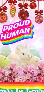 Colorful 'Proud Human' wallpaper with bunny and rainbow design.