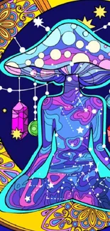 Vibrant psychedelic art with mushroom and cosmic theme in purple and yellow hues.