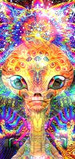 Colorful psychedelic art wallpaper with alien and vibrant patterns.