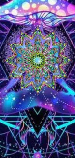 Psychedelic art wallpaper with neon colors and geometric patterns.