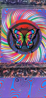 Psychedelic butterfly art with colorful optical design.