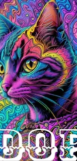 Psychedelic cat art wallpaper with vibrant colors and intricate design.