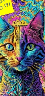 Vibrant psychedelic cat with colorful patterns.