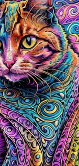Colorful psychedelic cat art with vibrant swirls and patterns.