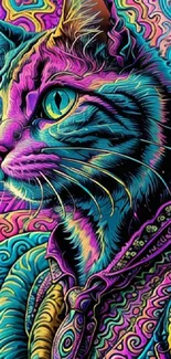 Psychedelic cat art with vibrant colors and swirling patterns in purple tones.