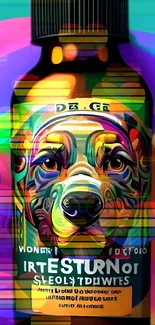 Psychedelic colorful dog on a vibrant bottle Wallpaper