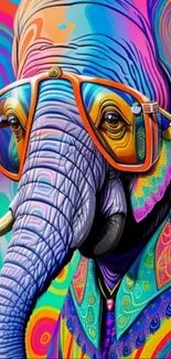 Psychedelic elephant with colorful patterns and bright glasses.