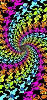 Colorful psychedelic spiral with neon monkeys on a black background.