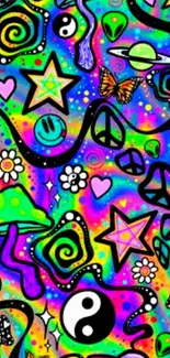 Colorful psychedelic wallpaper with planets, stars, and peace signs.