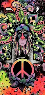 Colorful psychedelic monkey with peace sign design.