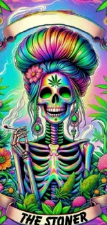 Psychedelic skeleton with neon colors and floral design.