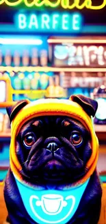 Vibrant wallpaper featuring a cute pug in a colorful café setting.