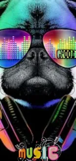 Colorful pug with headphones and music graphics on a vibrant black background.