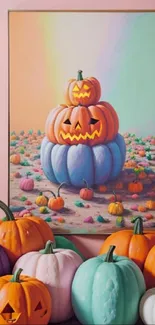 Colorful artistic pumpkin display for Halloween wallpaper.