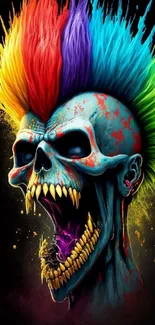 Vibrant punk skull with colorful Mohawk and fierce teeth on black background.