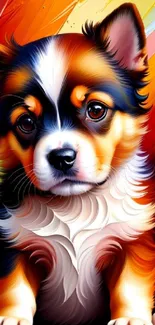 Colorful digital painting of a cute puppy with a rainbow background.